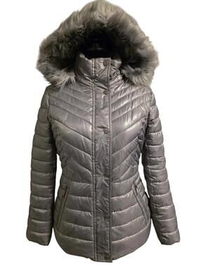 Women's Small Silver Kenneth Cole Puffer Coat With Silver Faux Fur Hood